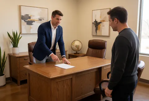 A consultant in a suit points to a document on a wooden desk while a client looks on in an office with paintings and a plant.