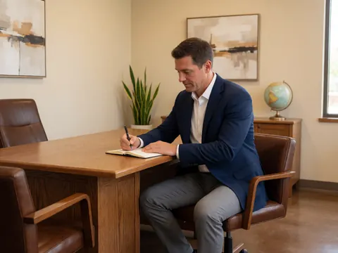 A man in a suit writing in a notebook on a wooden desk in an office with plants and a globe.