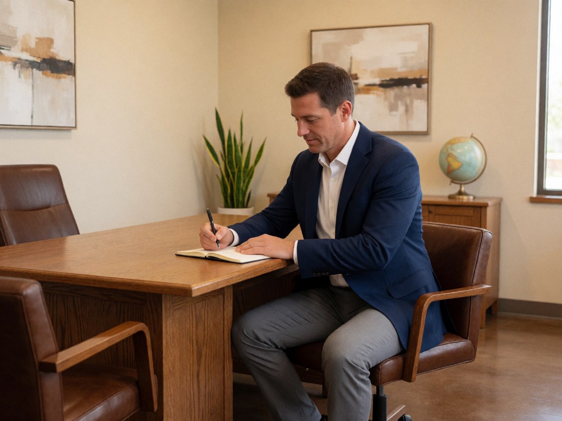 A man in a suit writing in a notebook on a wooden desk in an office with plants and a globe.