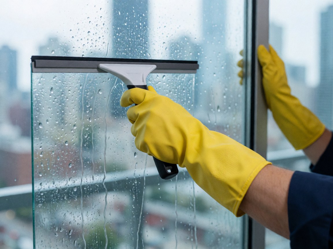 A person with yellow gloves cleans a window with a squeegee, leaving water streaks.