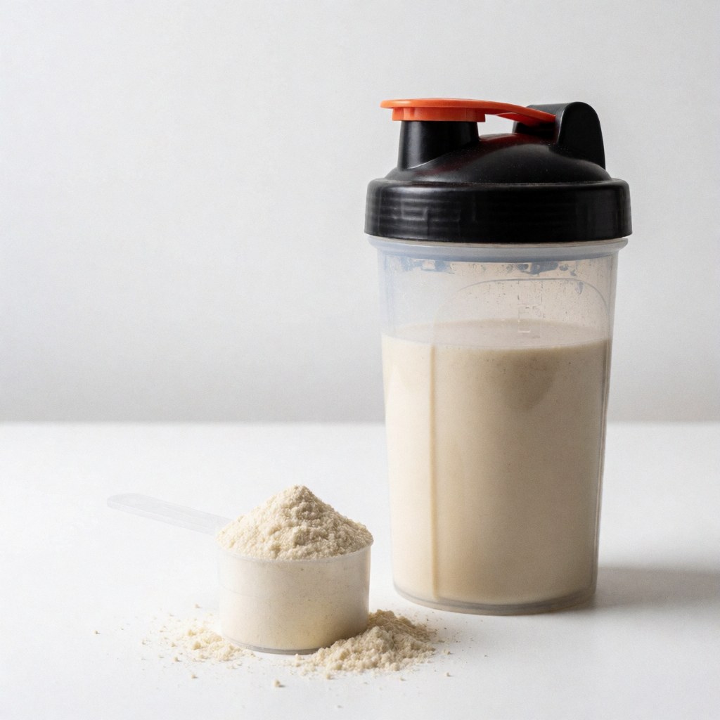 Protein shake in a shaker bottle with a measuring scoop of protein powder beside it.