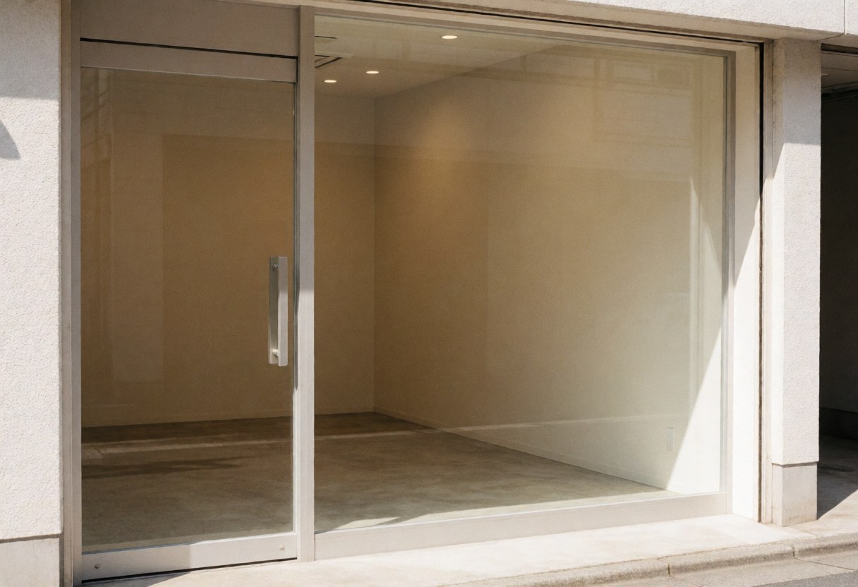 Office entrance with glass door and empty beige walls, ideal for consulting or reception.