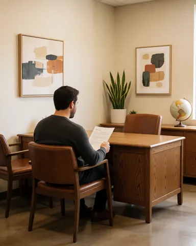 A man reviews a document while seated in an office chair, facing a wooden desk with a plant and globe in the background.