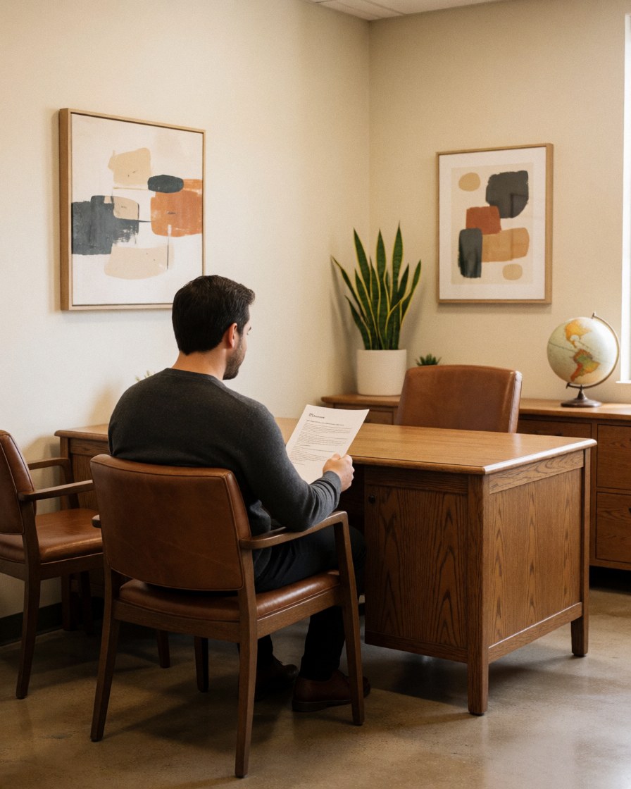 A man reviews a document while seated in an office chair, facing a wooden desk with a plant and globe in the background.