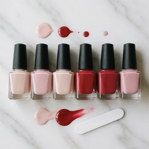 Seven bottles of nail polish in pink and red shades on a white marble surface with paint smears and a nail file.