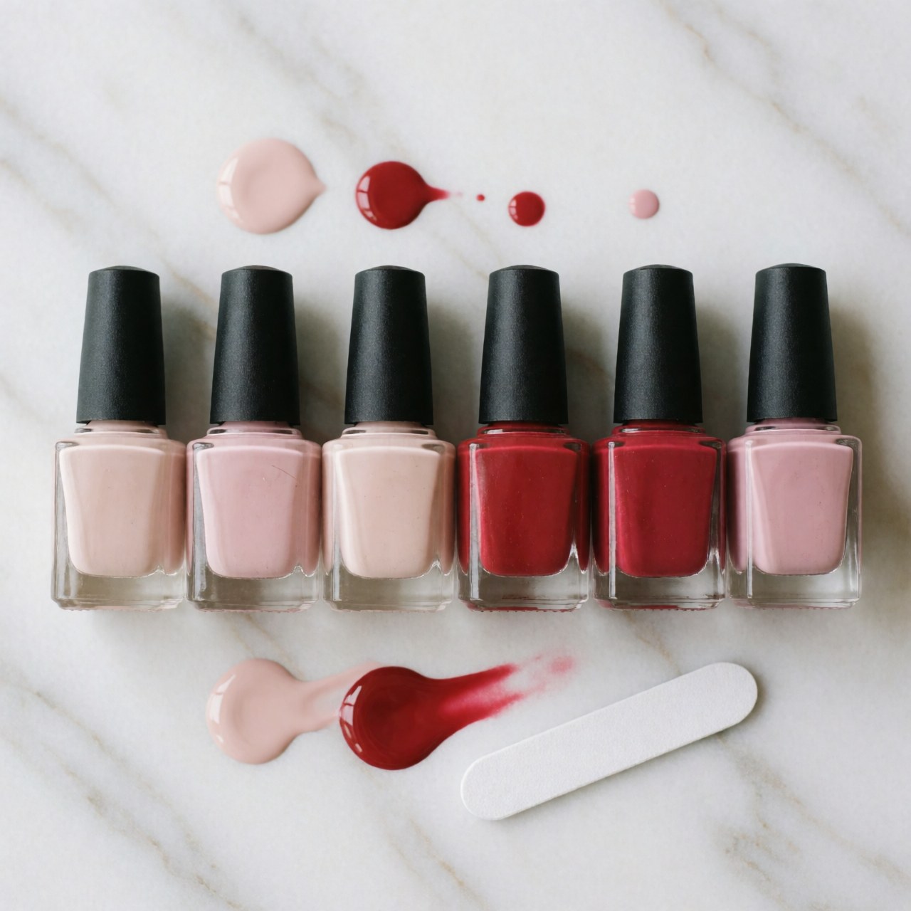 Seven bottles of nail polish in pink and red shades on a white marble surface with paint smears and a nail file.