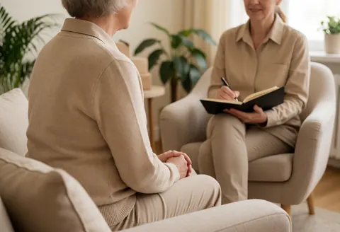 A therapist takes notes while a patient speaks to her in a psychology session.