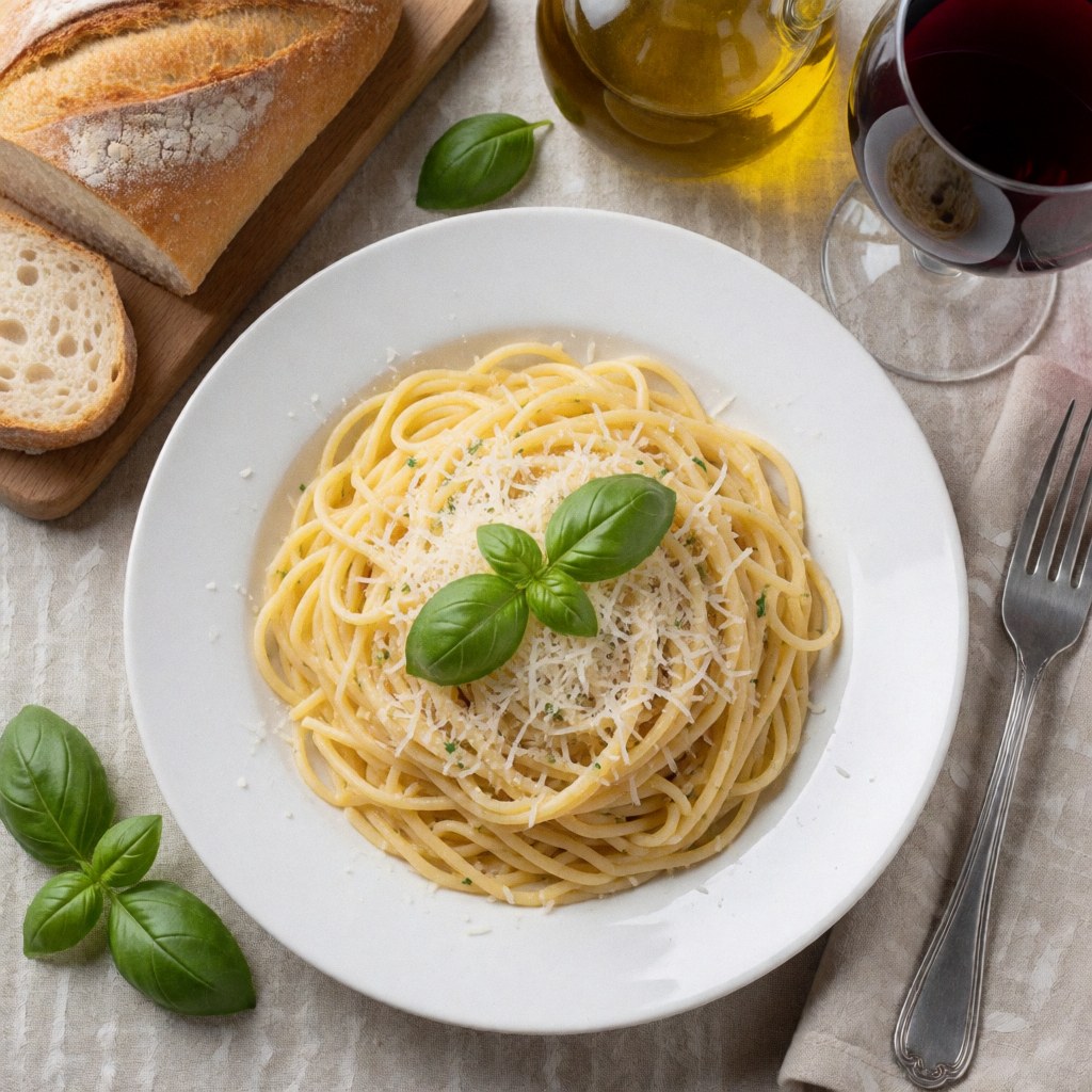 Plate of pasta with grated cheese, fresh basil, olive oil, and fresh bread on a dining table.