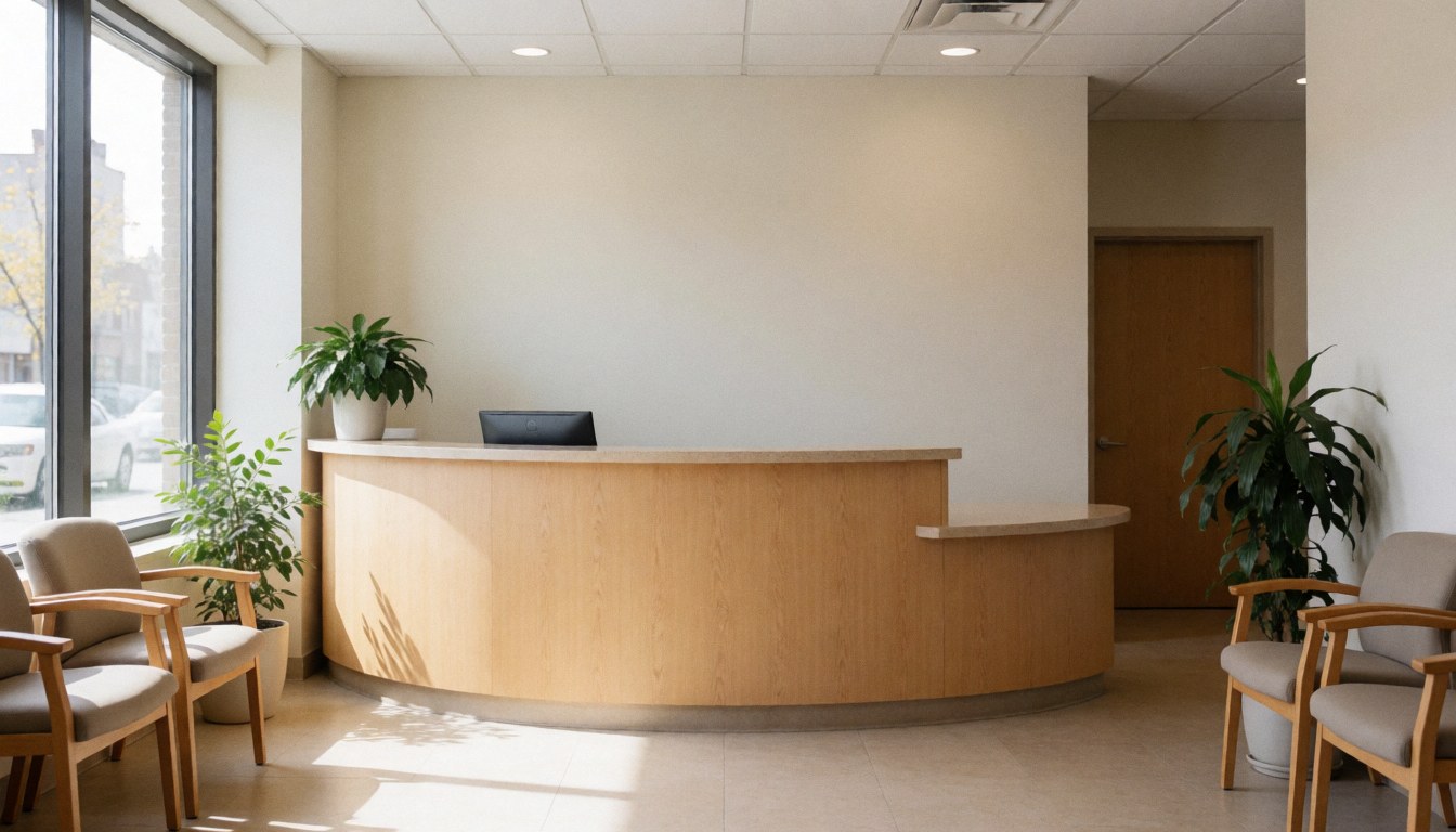 Modern reception with wooden counter, chairs and plants, lit by natural light.