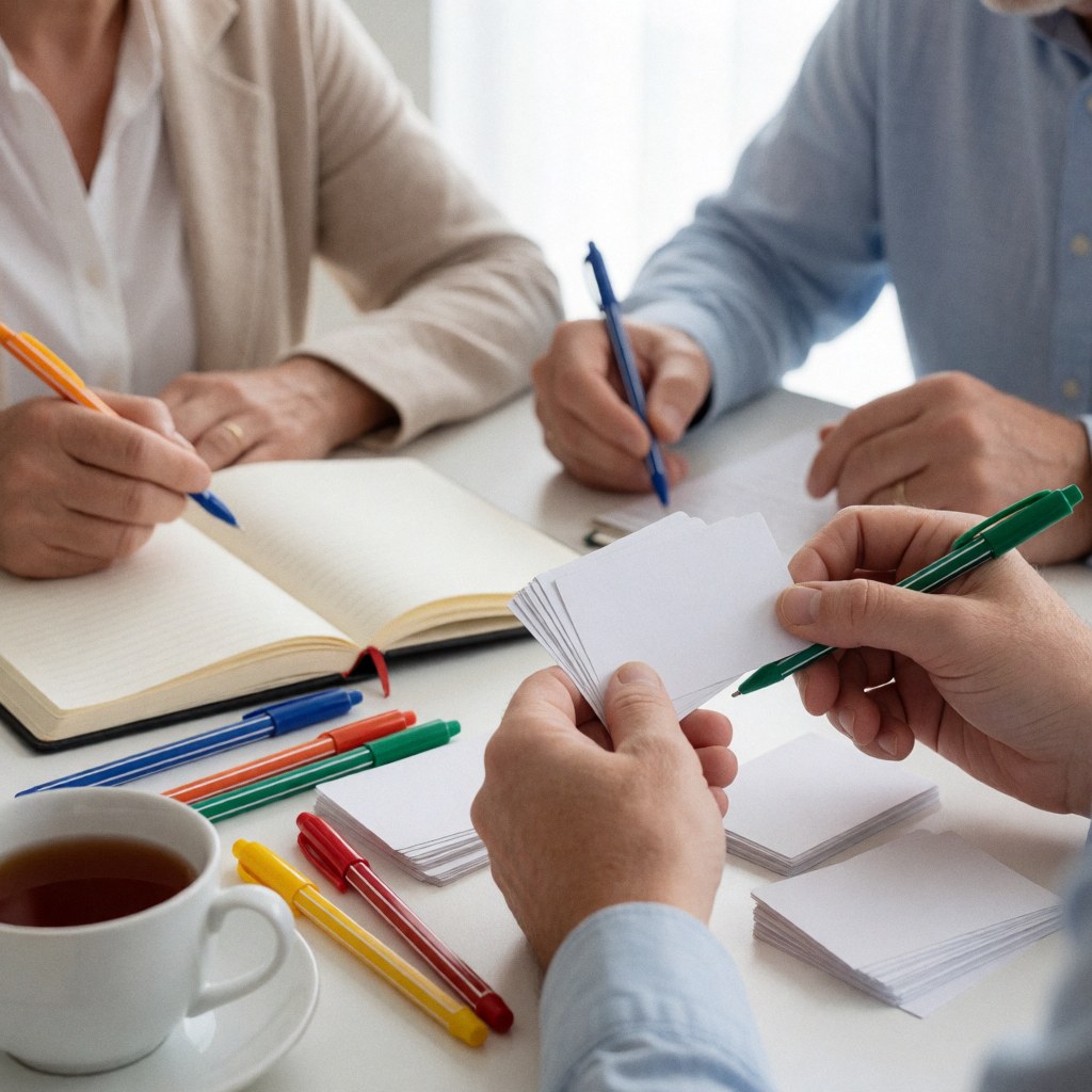 Three people at a table studying vocabulary with flashcards and notebooks, using colorful pens and a cup of tea.