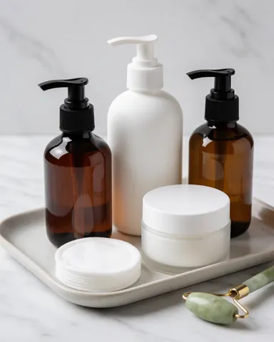 Beauty products in bottles and a jar on a white ceramic tray, with a jade roller on the edge.