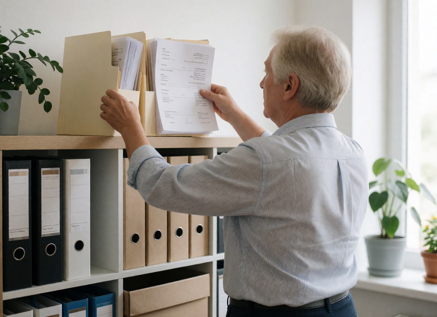 An older accountant reviews invoices on a office shelf with folders and plants.