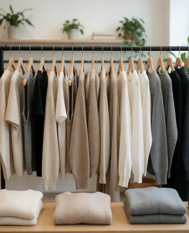 Neutral sweaters hanging on hangers and folded on a wooden table in a clothing store.