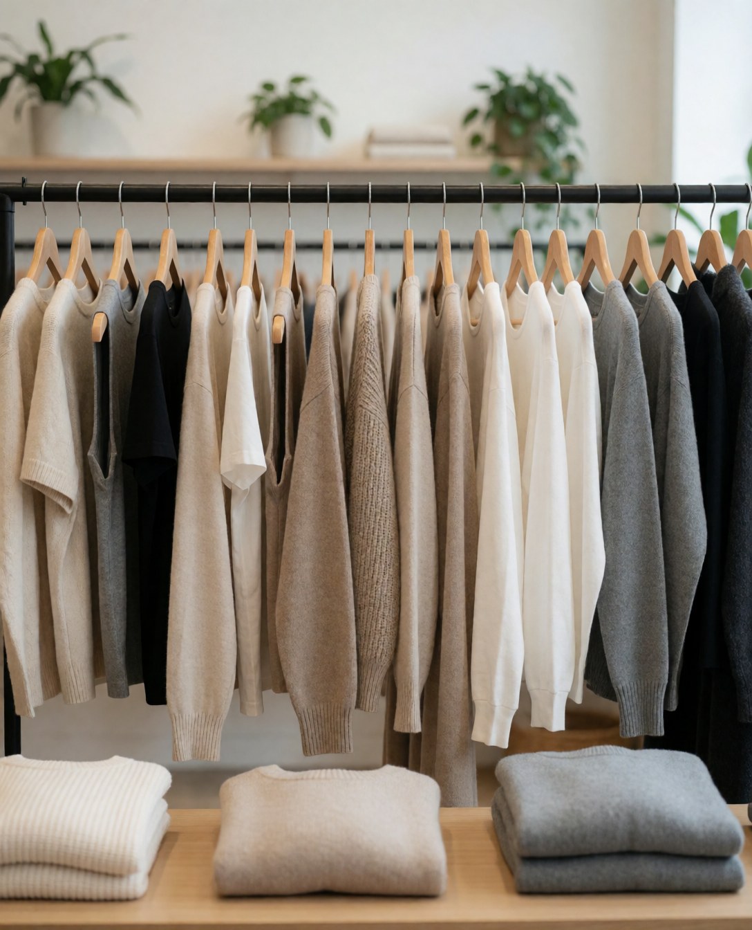 Neutral sweaters hanging on hangers and folded on a wooden table in a clothing store.