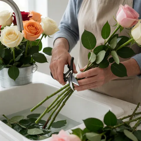 A person cutting rose stems with scissors near a sink with water and more flowers.