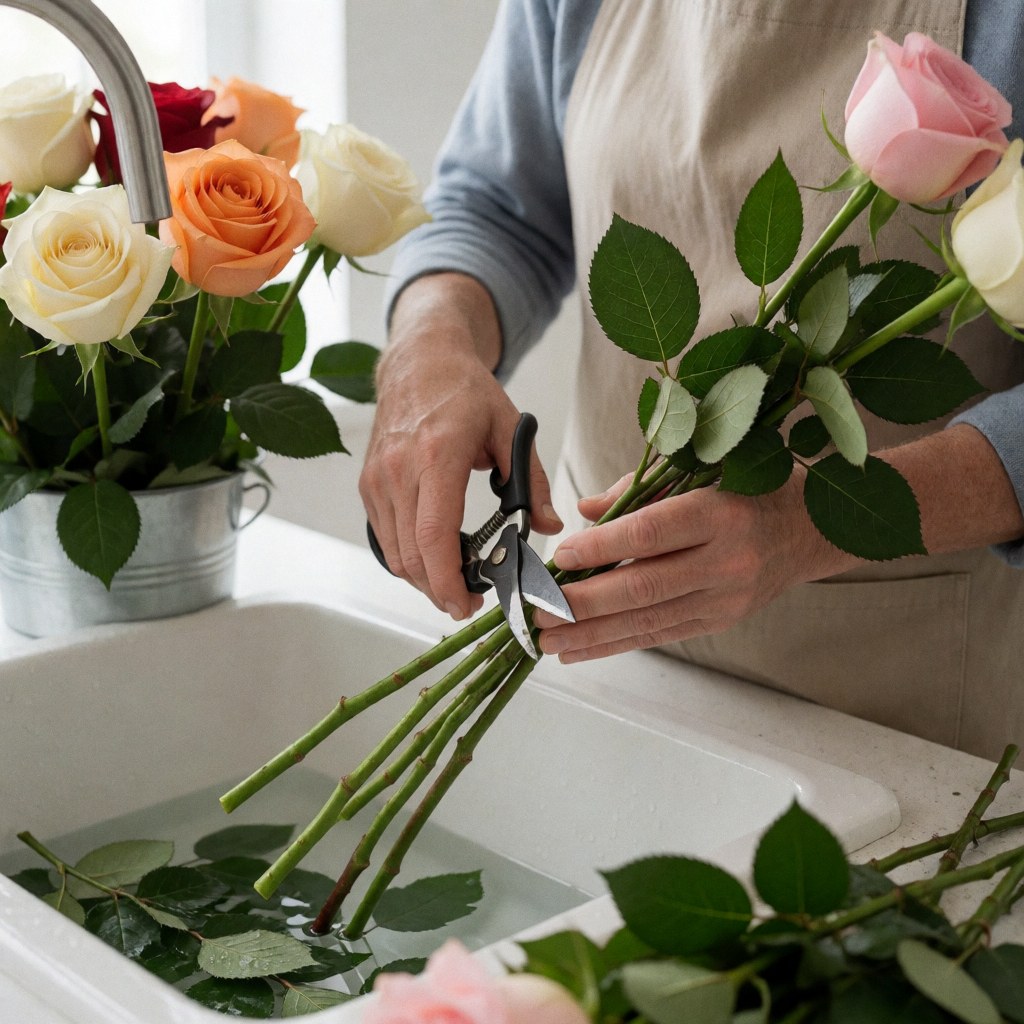 A person cutting rose stems with scissors near a sink with water and more flowers.