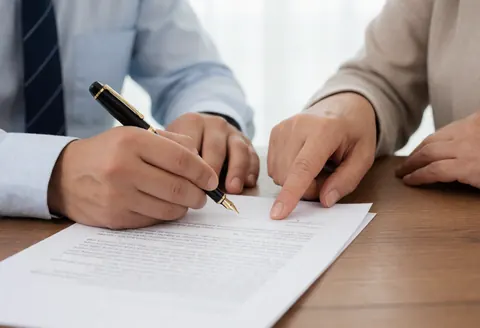 Two individuals signing a business document with a black ink pen on a wooden office table