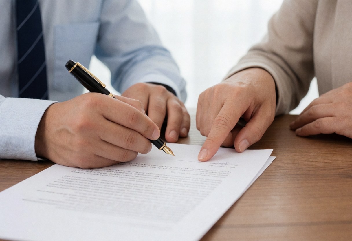 Two individuals signing a business document with a black ink pen on a wooden office table