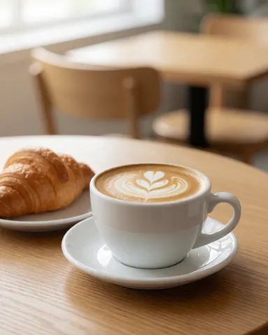 White cup of latte art with a golden croissant on a wooden table in a cafe