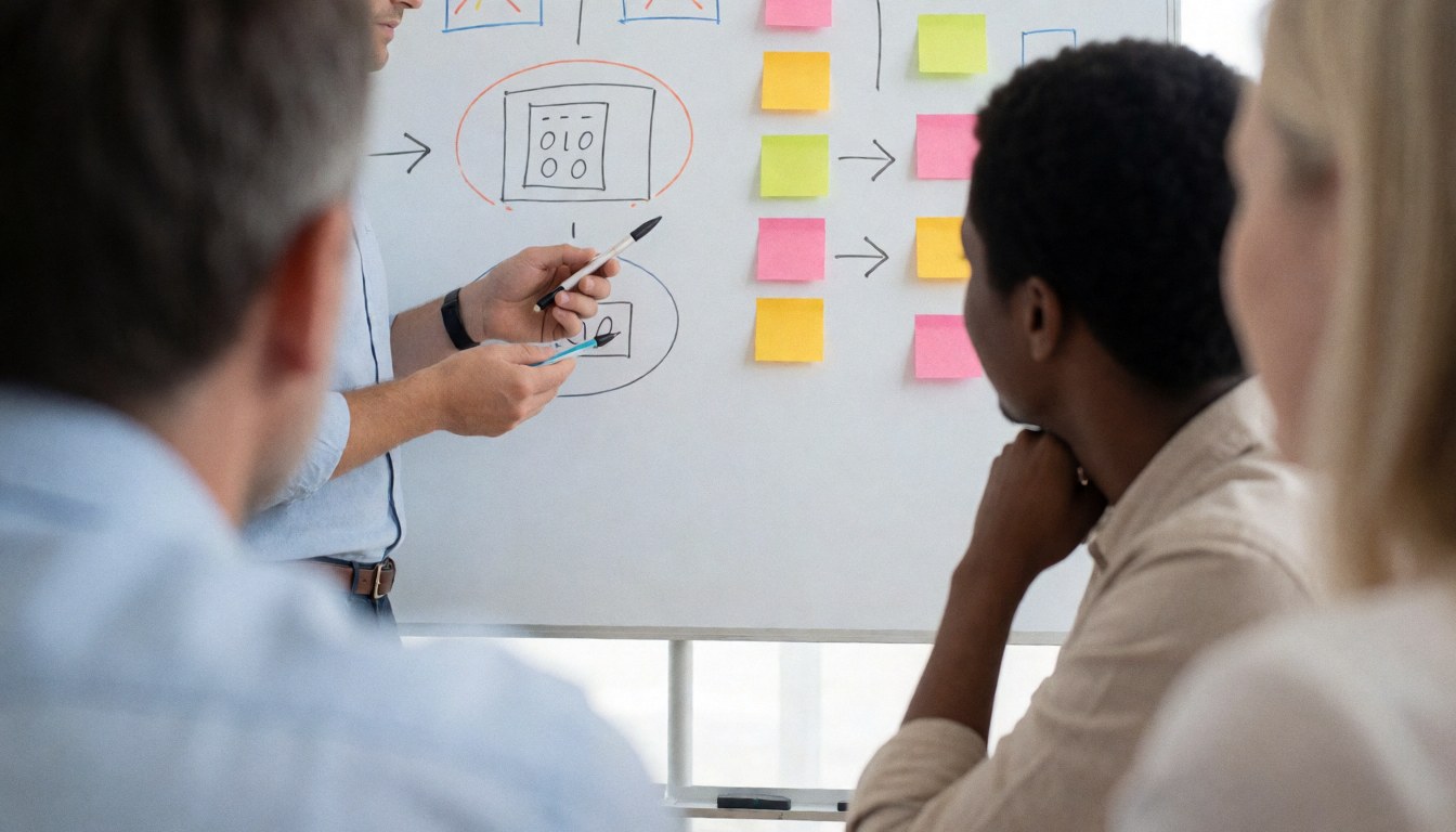 A group of professionals gathers around a whiteboard to review a diagram, with one person pointing to details while others observe and engage in the discussion.
