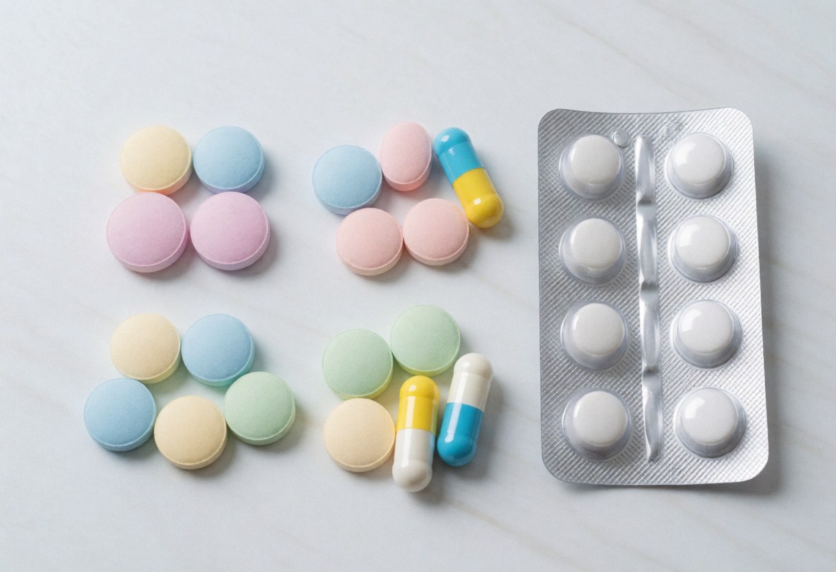 Assorted colorful tablets and capsules arranged on a white background, including a blister pack with white pills, ideal for pharmacy and healthcare product imagery.