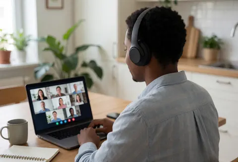 A man wearing headphones participates in a video call from his kitchen using a laptop.