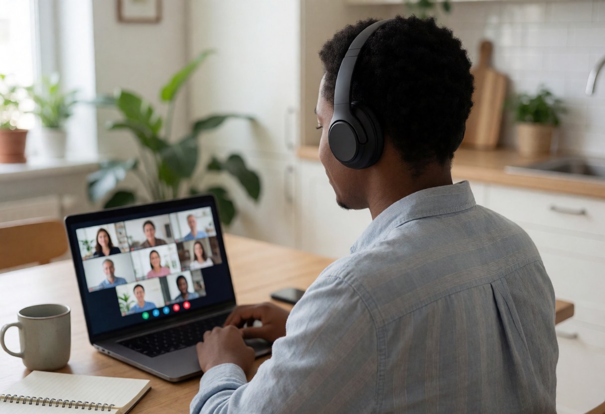 A man wearing headphones participates in a video call from his kitchen using a laptop.