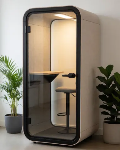 Modern acoustic booth with desk and chair, ideal for quiet work in offices or coworking spaces