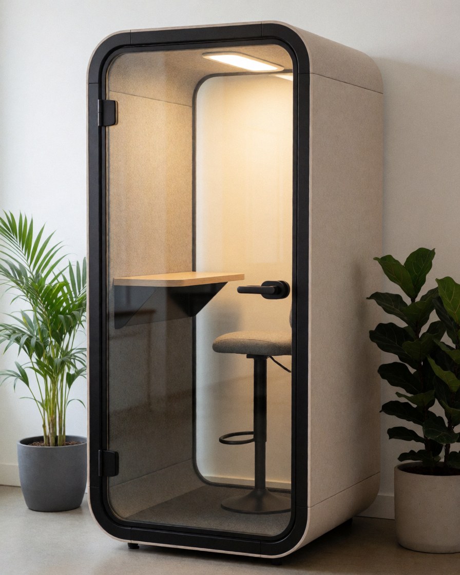 Modern acoustic booth with desk and chair, ideal for quiet work in offices or coworking spaces