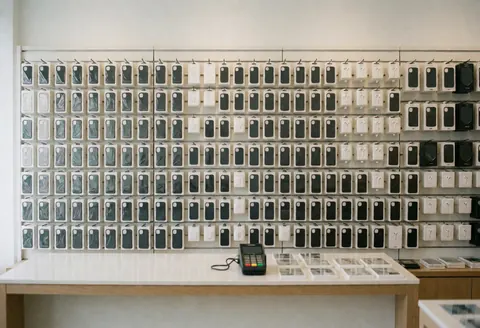 A technology shop interior featuring a wall lined with new cell phone boxes and a payment terminal at the checkout counter.