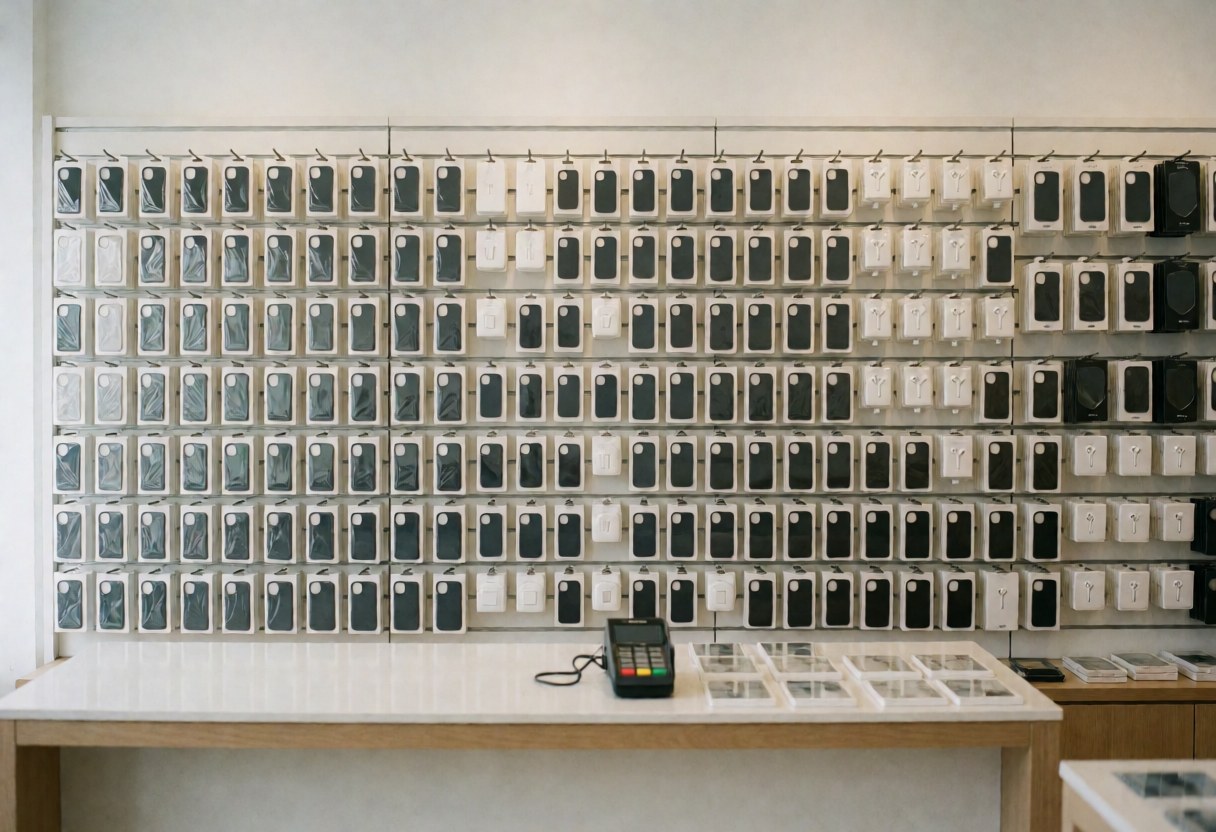 A technology shop interior featuring a wall lined with new cell phone boxes and a payment terminal at the checkout counter.
