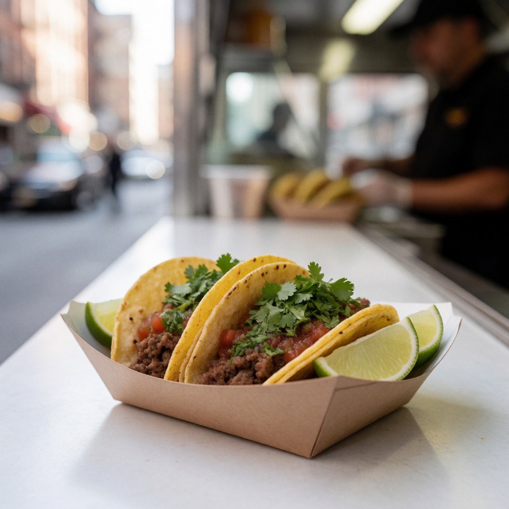 Close-up of meat tacos topped with fresh cilantro and lime wedges served in a paper container on a white counter