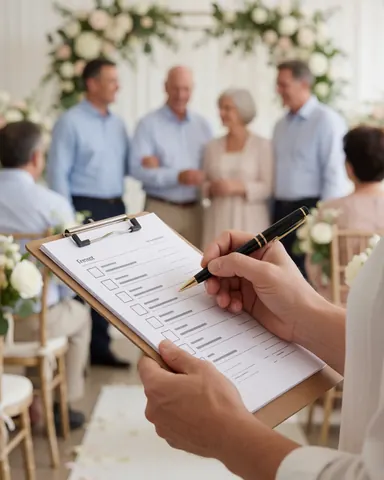 Close-up of a hand writing on a wedding checklist with blurred guests and event decor in the background
