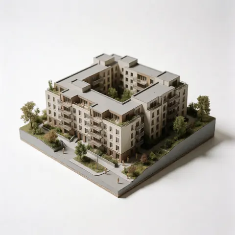 Detailed scale model of a residential building with gardens, trees, and human figures on a white background.