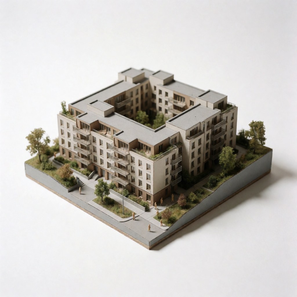 Detailed scale model of a residential building with gardens, trees, and human figures on a white background.