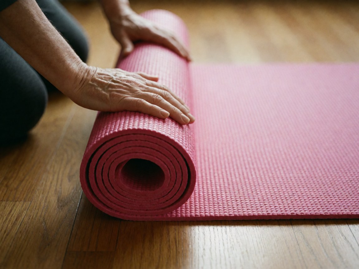 A woman rolls up a pink yoga mat on a wooden floor.