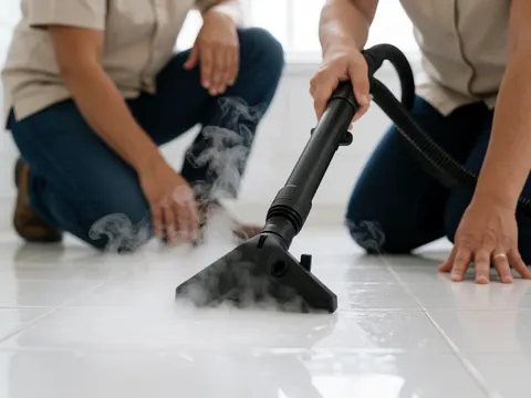 Two workers in uniform cleaning a tiled floor with a steam machine emitting white vapor.