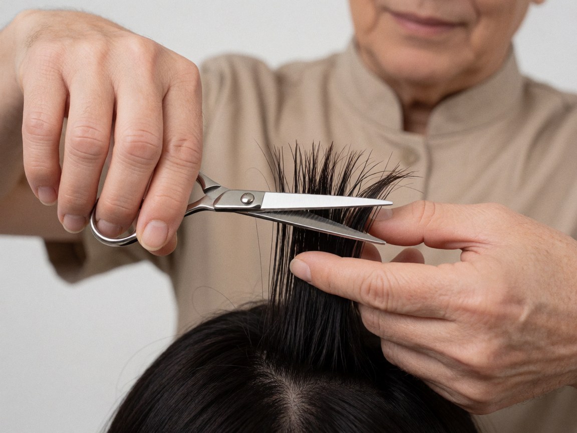 A hairdresser cuts a client's hair with scissors in a hair salon.