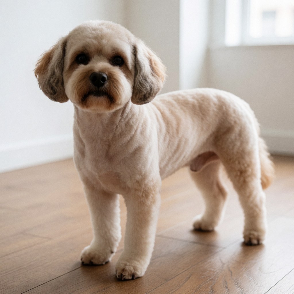 A light-furred dog with a freshly groomed haircut standing on a light wooden floor in a well-lit indoor space.