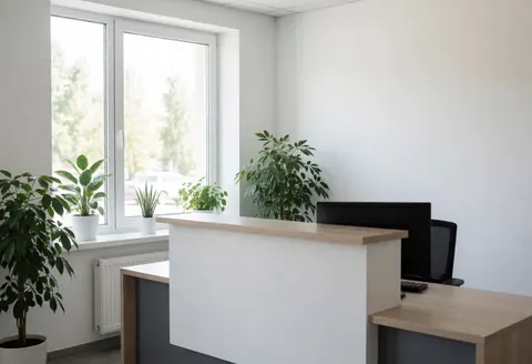 Office reception desk with computer and green plants near a window.