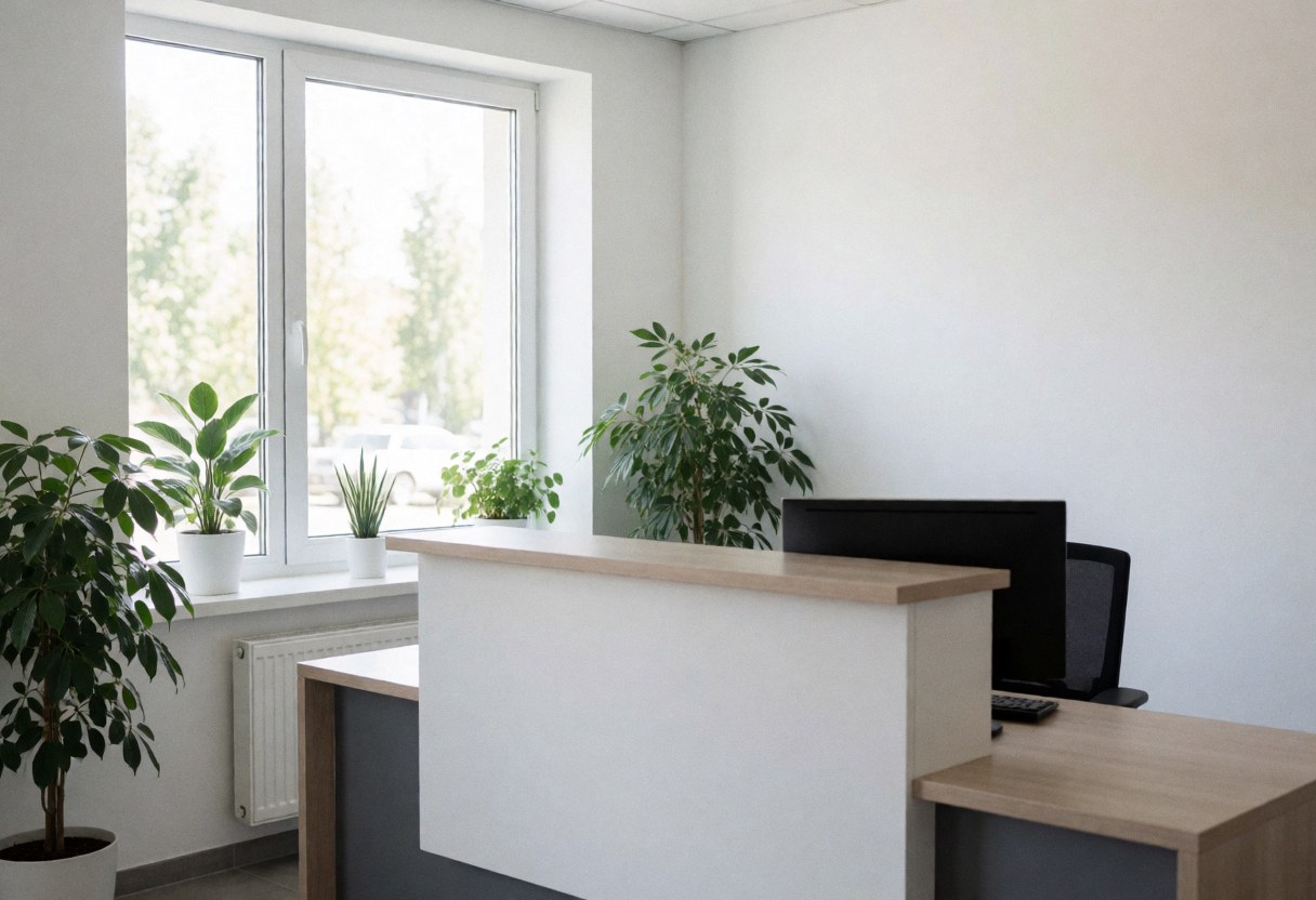 Office reception desk with computer and green plants near a window.