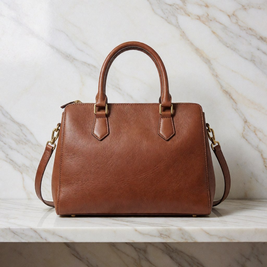 A brown leather handbag with handles and strap, on a white and gray marble surface.