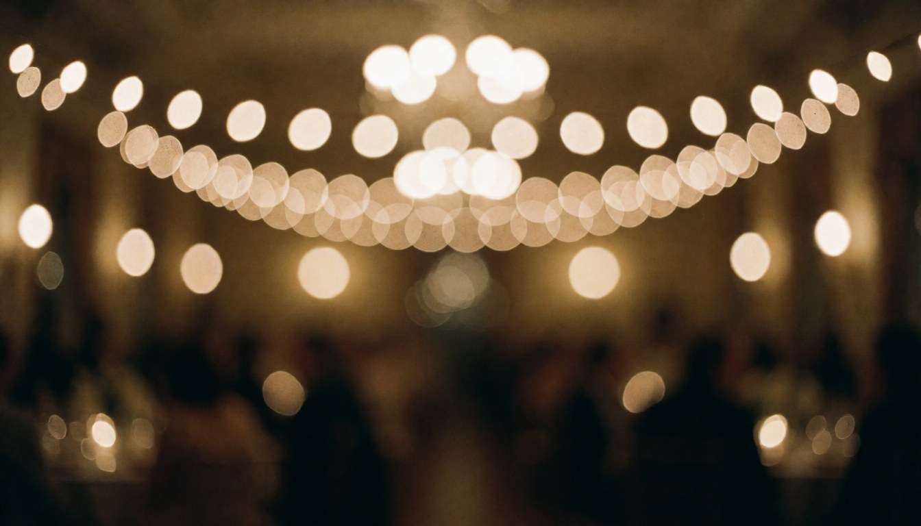 Out-of-focus warm lights in an event hall with silhouettes of people.