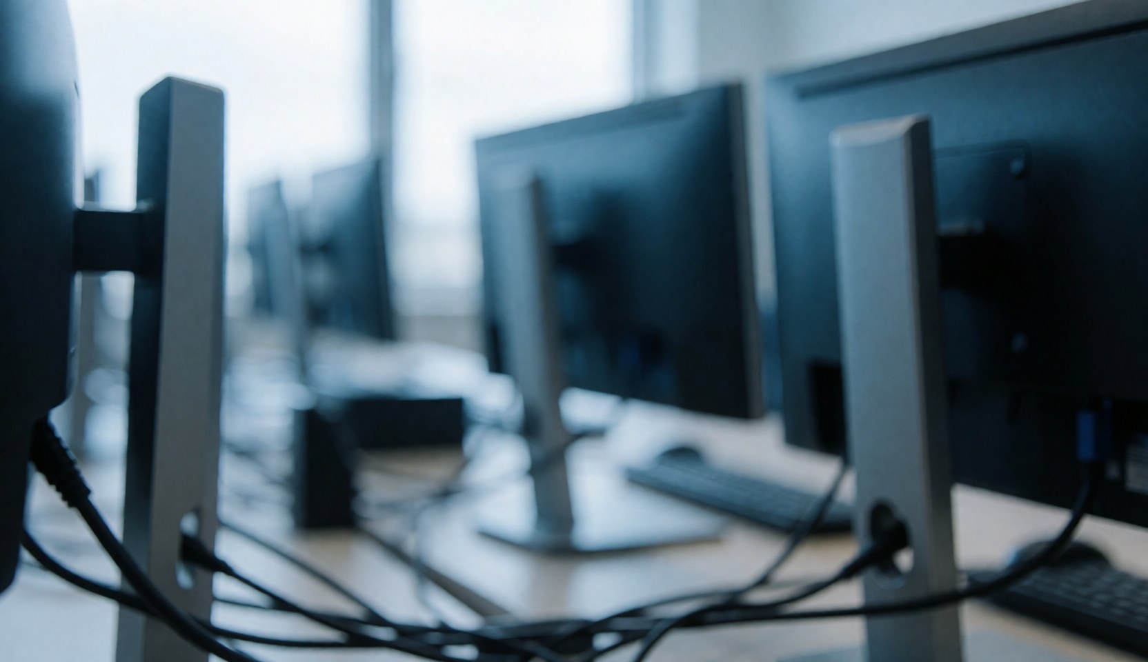 View of computer monitors and cables in an office with desks and keyboards.