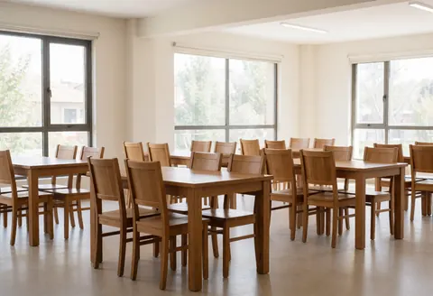 Dining room with wooden tables and chairs, large windows, and polished floor, ready for meetings or events.