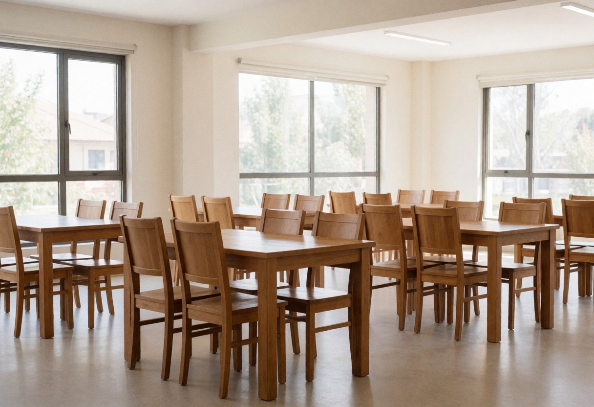 Dining room with wooden tables and chairs, large windows, and polished floor, ready for meetings or events.