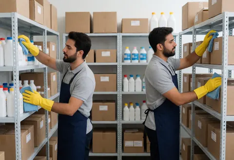 Two men with yellow gloves and blue aprons wiping metal shelves with boxes and bottles in a warehouse.