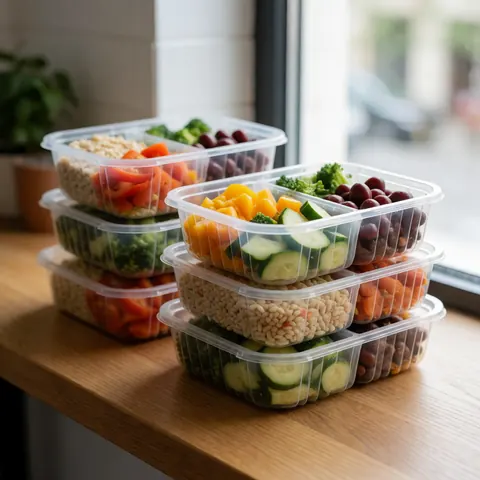 Several healthy food containers with fruits and vegetables on a wooden table.