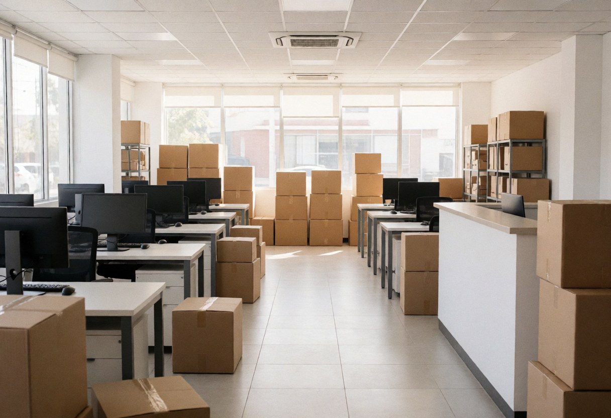 Empty office with desks, monitors, and stacked cardboard boxes ready to move.
