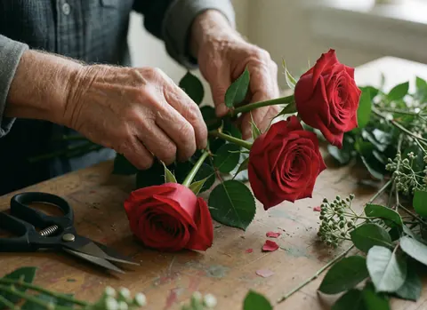 Wrinkled hands arranging red roses on a wooden table with scissors.